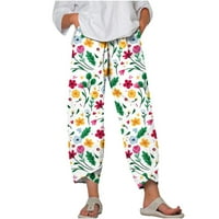 Trendy ljetne kapri hlače za žene cvjetni print pamučni posteljina labava fit elastična struka širokih
