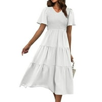 Sunčana haljina V izrez Pleat hem slojevita kratka rukava Nova bijela haljina m