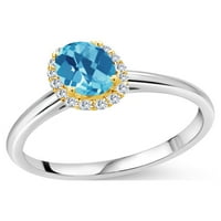 Gem Stone King 1. CT ovalna data s malim plavim topazom G-H Grown Diamond 10k bijeli zlatni prsten sa žutim zlatnim zupčastima