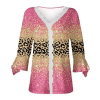 Čipka TRIM V Vrući za žene Trendy Bell rukava Leopard Color Contrast Ispisana bluza Tunnic Labavi opuštena ugrađena udobna majica Thirt Pink Pink XXL