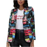 Meichang Blazer jakna za žene Trendy casual rever formalno odijelo grafički ispis elegantan dugme dugih