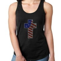 Ženska majica Rhinestone Bling Black Tee Američka boja Zastava Cross V-izrez X-Veliki