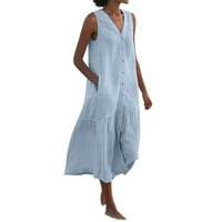 Pamučna posteljina haljina za ljetne ženske pune boje V izrez bez rukava bez rukava Ležerne prilike