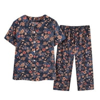 Ženski cvjetni pamučni pamučni pidžami postavio je dugme s kratkim rukavima dolje Top & Capri hlače