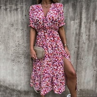 Hansfhk Žene Ljeto V-izrez Tasteri za ispis s kratkim rukavima za cijepanje Strana Duga haljina Maxi