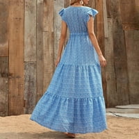Ženski proljetni i ljetni odmor za odmor V-izrez visoko struk cvjetna haljina plave s