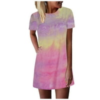 Cleariance Ljetne haljine za žene tiskane mini a-line kratkih rukava labava plaža okrugla izrez ružičaste