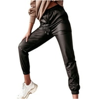Kožne hlače za žene visokih struka modnih solidnih džepova nacrtavajuće ležerne u sredini struka kože