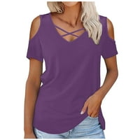 Žene ljetne vrhove Trendi hladne ramene T-majice V izrez Criss Cross kratki rukav Tun je labava bluza