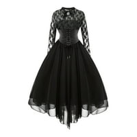 Žene casual duge haljine za jesen V izrez vezati retro stil čvrste boje čipke čipke čipke princeze crna
