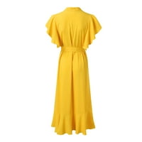 Ženska ljetna haljina Ljeto Ženska nova retro puna boja V izrez kratki rukav visoki struk u dugim velikim