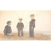 C. Skovgaard crni moderni uokvireni muzej umjetnički print pod nazivom - Tri dječaka sa slamnim šeširima