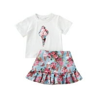 Thefound Todder Baby Girls Ljeto odijelo Kratki rukav sladoled pompom vrhovi + ruffle cvjetna suknja