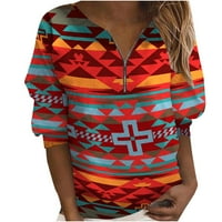 Ženska modna tiskana labava majica s dugim rukavima bluza V izrez casual vrhovi patentni duks plus veličina