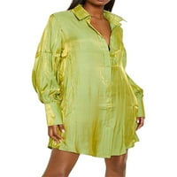 Wybzd ženska jesenska sjajna haljina košulje od pune boje na dugih rukava sa okretnim krajem a-line