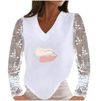 Ženska casual čipkaste rukav patchwork V-izrez pulover s bluzom za bluzu od srca, majica vrućih8sl4488163