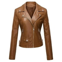 SHOMPORT Womens kožna jakna, jesen motociklistički kaput, rever ovratnik puna zip jakna