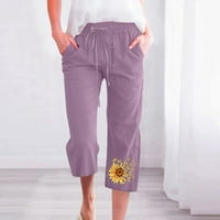 Atinetok obrezane pantalone za dame Ženske olabave široke hlače za noge modne suncokrete Print Plus