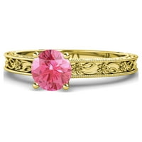 Pink Tourmaline Milgrain Rad cvjetnog urezanog pasijansa zaručnički prsten 0. CT 14K žuto zlato .Size