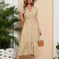 Gotyou haljine Ženska modna casual cvjetna od tiskana V-izrez Haljina Slim šifon A-line suknja žuti