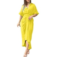 Haljine za žene večernje zabave Majice u boji Long V Sjedni kratki rukav s midi haljina žuta l