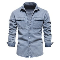 Plave majice muške modne jednostavne labave džepne džepove majica bez željeza košulje dugih dugih rukava