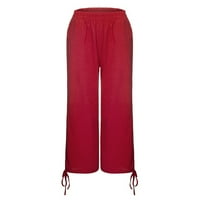 Ženske posteljine hlače velike struk široke noge, pune boje casual labave pantalone sa džepovima crvene