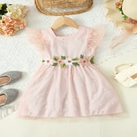 Kucnuzki Kids Girl Clot 7t Ljetna haljina Flyne rukave Square Decline Vezerska mreža ružičasta