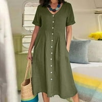 Ganfancp Womens Ljetne haljine modne casual V-izrez haljine Solid Boja kratkog rukava džep pamučna posteljina haljina vojska zelena 4xl # Posao dana