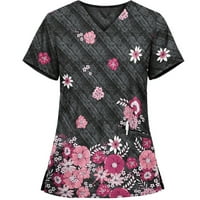 Ženski vrhovi okrugli dekolte cvjetni bluza casual ženske ljetne majice kratkih rukava ljubičasta m