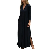 Aherbiu Womens Maxi haljina s rukavima V izrez Ruched Split Solid Colore labave ugradbene haljine za