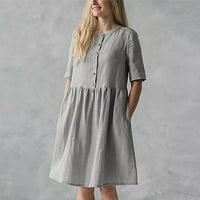 Tking Fashion Womenske haljine Solid Bool okrugli džepni džep labav pamuk kratkih rukava ljetna haljina
