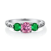 Gem Stone King Sterling Silver Pink Moissine i Green Nano smaragdni filigranski stil kameni prsten za