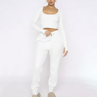 WAVSUF set za žene Sport Hoodless Vrhovi i hlače dugih rukava Crew Crt Crt Solid White pantalone Postavite