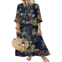 Enjiwell Women Retro cvjetni printski rukav pamučni posteljina baggy kaftan duga haljina