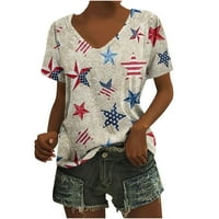 Dianli USA Top Women V-izrez Tunika Američka zastava Star Striped Print Kratki rukav Ljetne majice Plaža