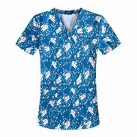 Ženske vrhove Ženska modna radna odjeća s kratkim rukavima V-izrez s džepovima ispisanim vrhovima plava