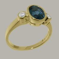 Britanski zadivljujući 9K žuti zlatni prirodni London Blue Topaz & Diamond Womens Angažman prsten -