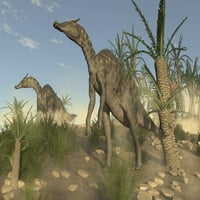 Dvije Saurolophus dinosaurusi koji hodaju među onikhipsis i Williamsonia stabla plakata ispisa