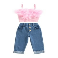 Jaweiw Toddler Girls Ljeto odijelo set ružičastih bez rukava za perje Camisole + traper hlače s džepovima,