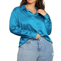 Elegantna čvrsta majica s dugim rukavima Blue Plus size