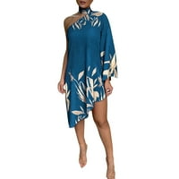 Clearsance Ljetne haljine za žene asimetrična modna tiskana dugih rukava A-line jedna ramena haljina