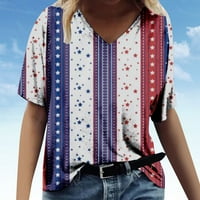 Ženska boja Block bluza s kratkim rukavima Četvrti jul Vrhovi V izrez Tunika Holiday Tees Striped Thirts