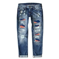 Dan nezavisnosti Žene Jeans Ispis Ripped Slim patentne pantalone sa džepovima Black_ XL
