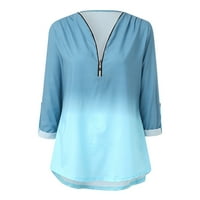 Ljetne košulje za žene patentni zatvarač s punim bojama dugih rukava gradijent boja povukli rukav labav usjev plavi s