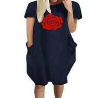 Pfysire Women Rose Print majica Haljina kratkih rukava Torgy džepovi Pulover tamno plave l