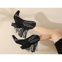 Zodanni ženski casual western čizme Udobne cipele Chunky Heel Fringe vezene cipele Srednja peta Povucite