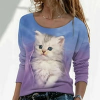 Ženska modna mačka ispisana okrugla vrat dugih rukava na dugih ležernih majica