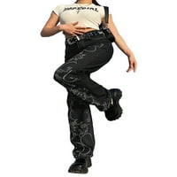 Ženska dečka traperice, vintage apstraktni tisak visokih struka opuštene fit široke traper pantalone