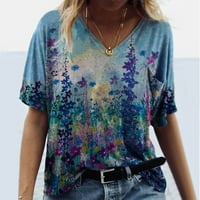 Ženske košulje Ženska ljetna casual v izrez kratki rukav majica Vintage Print Top Purple XXXL